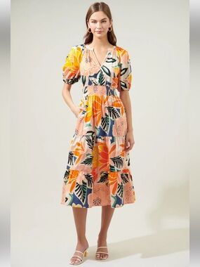 SugarLips Blossom Hacienda Puff Sleeve MIdi Dress CORAL-MULTI XS